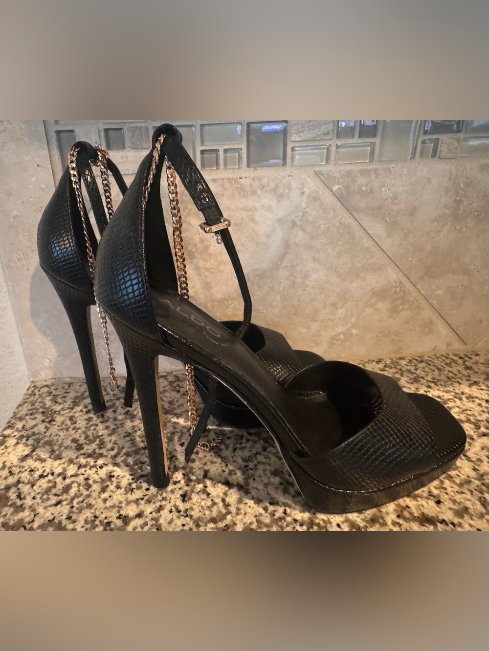 Aldo Black Textured Stiletto Sandals with Gold Chain